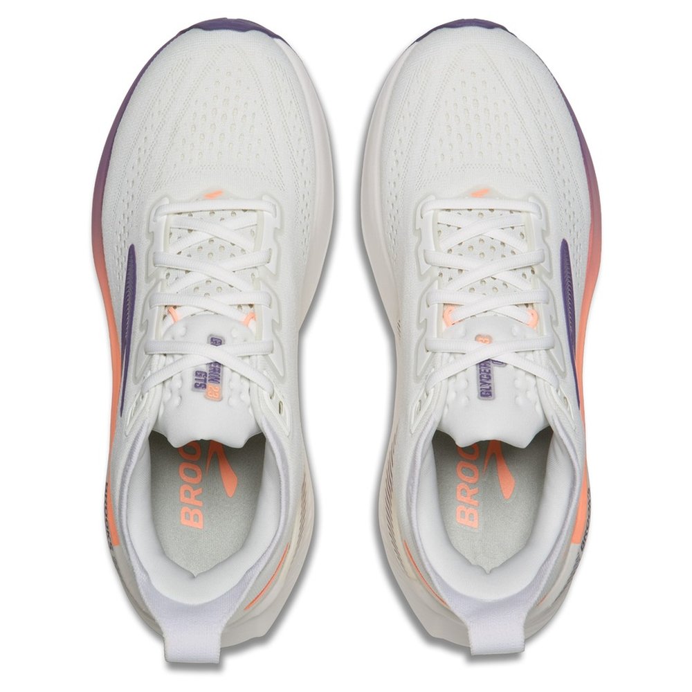 Par de zapatillas Brooks Glycerin GTS 23 de mujer blanco y lila visto desde arriba, detalle del empeine