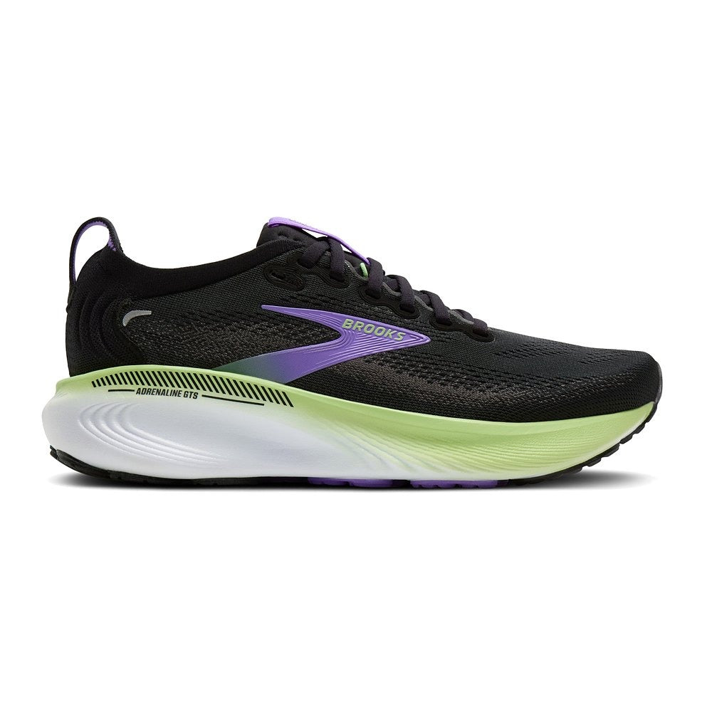 Zapatilla Brooks Adrenaline GTS 25 negra y lila, vista lateral exterior