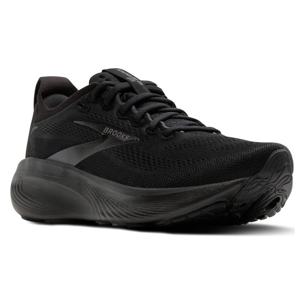 Zapatilla Brooks Adrenaline GTS 25 negra, vista frontal en ángulo, detalle de la puntera y los cordones