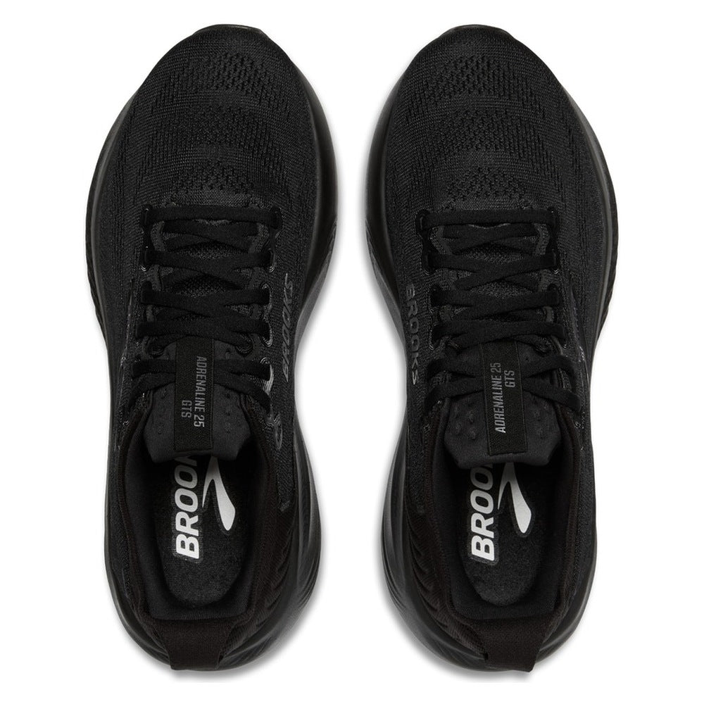 Par de zapatillas Brooks Adrenaline GTS 25 negras visto desde arriba, detalle del empeine y los cordones