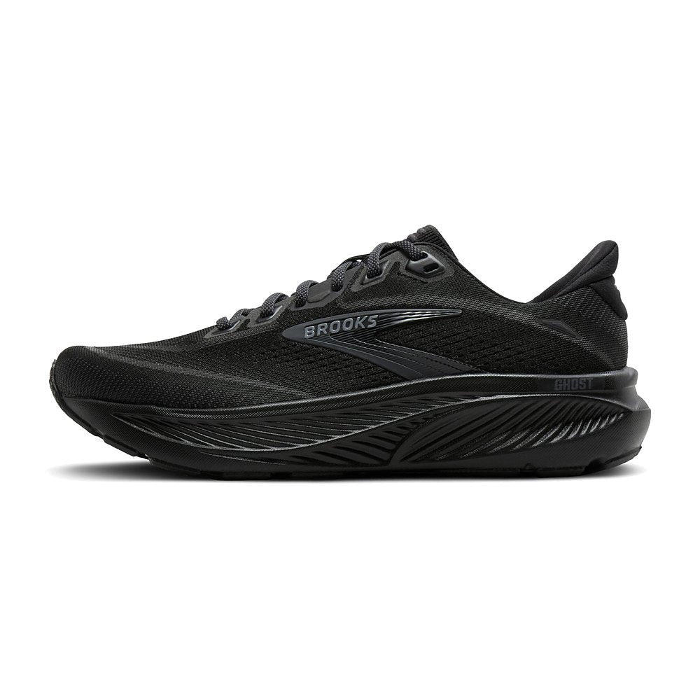 Zapatilla Brooks Ghost 18 negra de hombre, vista lateral interior, detalle de la mediasuela y el logo Brooks