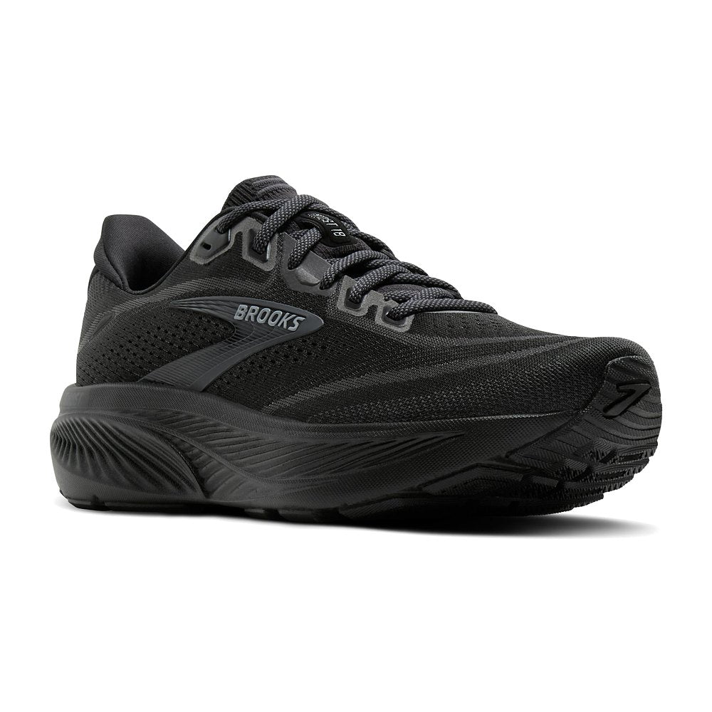Zapatilla Brooks Ghost 18 negra de hombre, vista frontal en ángulo, detalle de la puntera, los cordones y la mediasuela