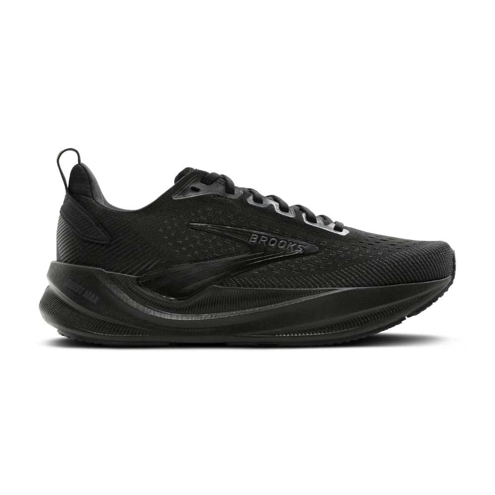 Zapatilla Brooks Ghost Max 4 negra, vista lateral exterior con el logo de Brooks en el lateral