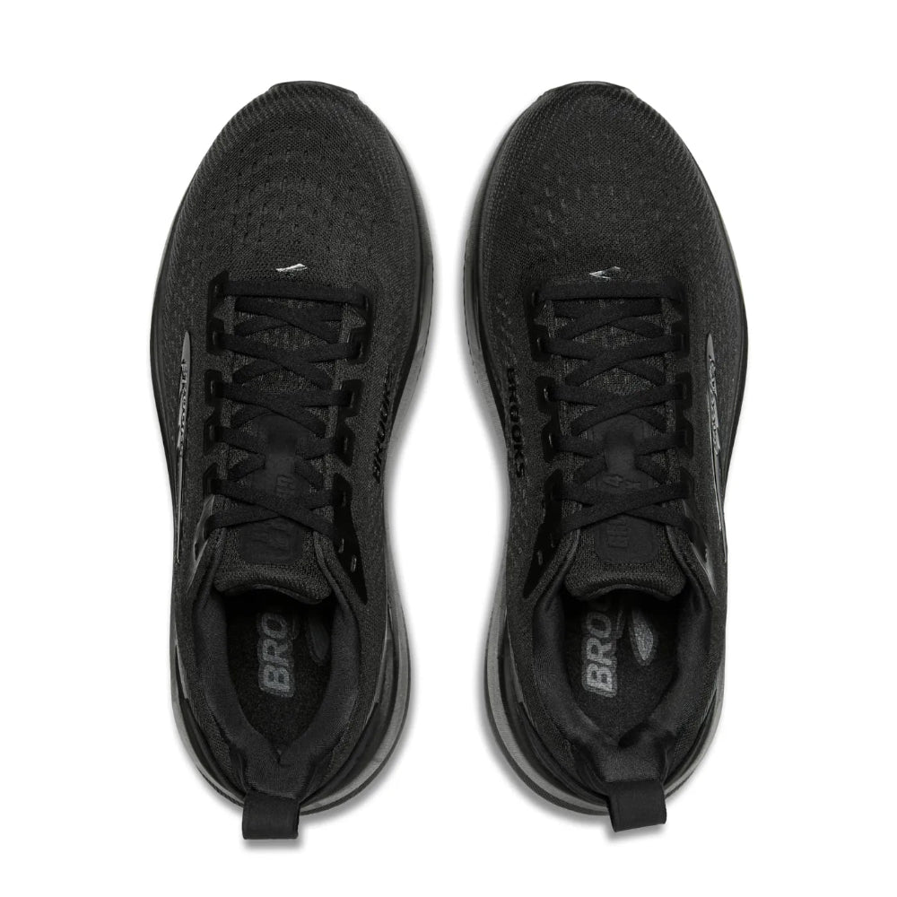 Par de zapatillas Brooks Ghost Max 4 negras visto desde arriba, detalle del empeine y los cordones