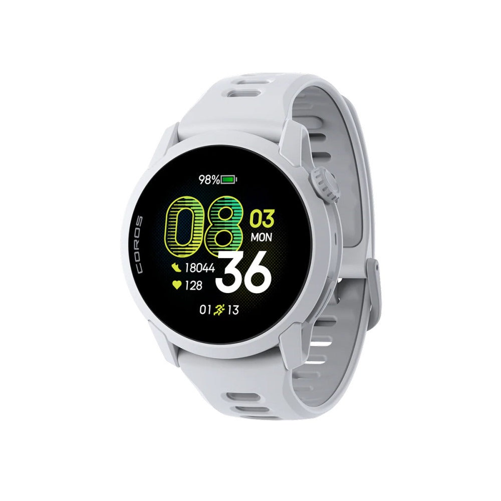 Reloj GPS Coros Pace 4 Blanco visto en tres cuartos, con correa de silicona blanca y dial digital lateral