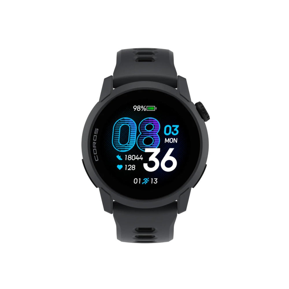 Reloj GPS Coros Pace 4 Negro con correa de silicona negra, vista frontal de la pantalla AMOLED