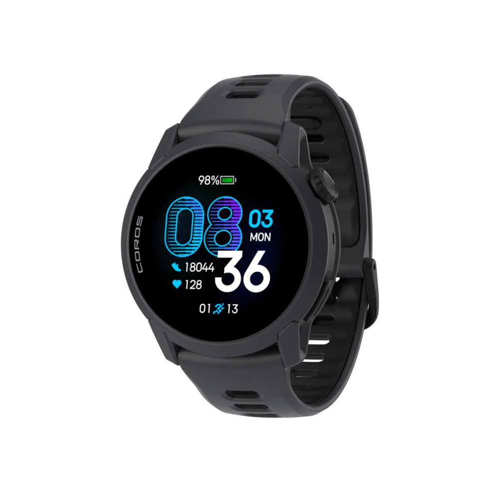 Reloj GPS Coros Pace 4 Negro visto en tres cuartos, con correa de silicona negra y dial digital lateral