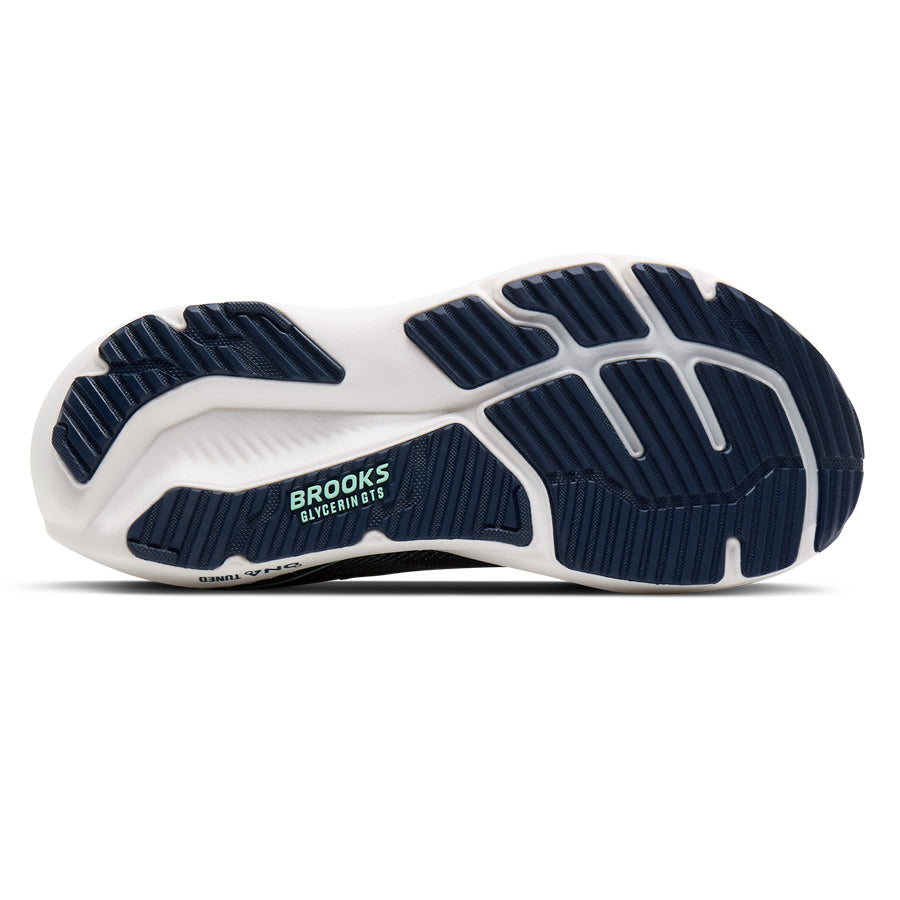 Suela de la zapatilla Brooks Glycerin 23 Mujer azul marino y menta, vista inferior con el dibujo de la suela de goma