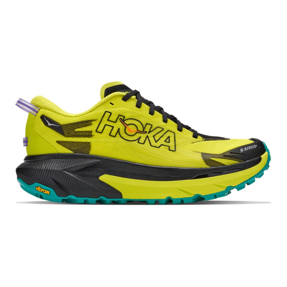 Zapatilla de trail running Hoka One One Mafate 5 amarillo y negro, vista lateral exterior