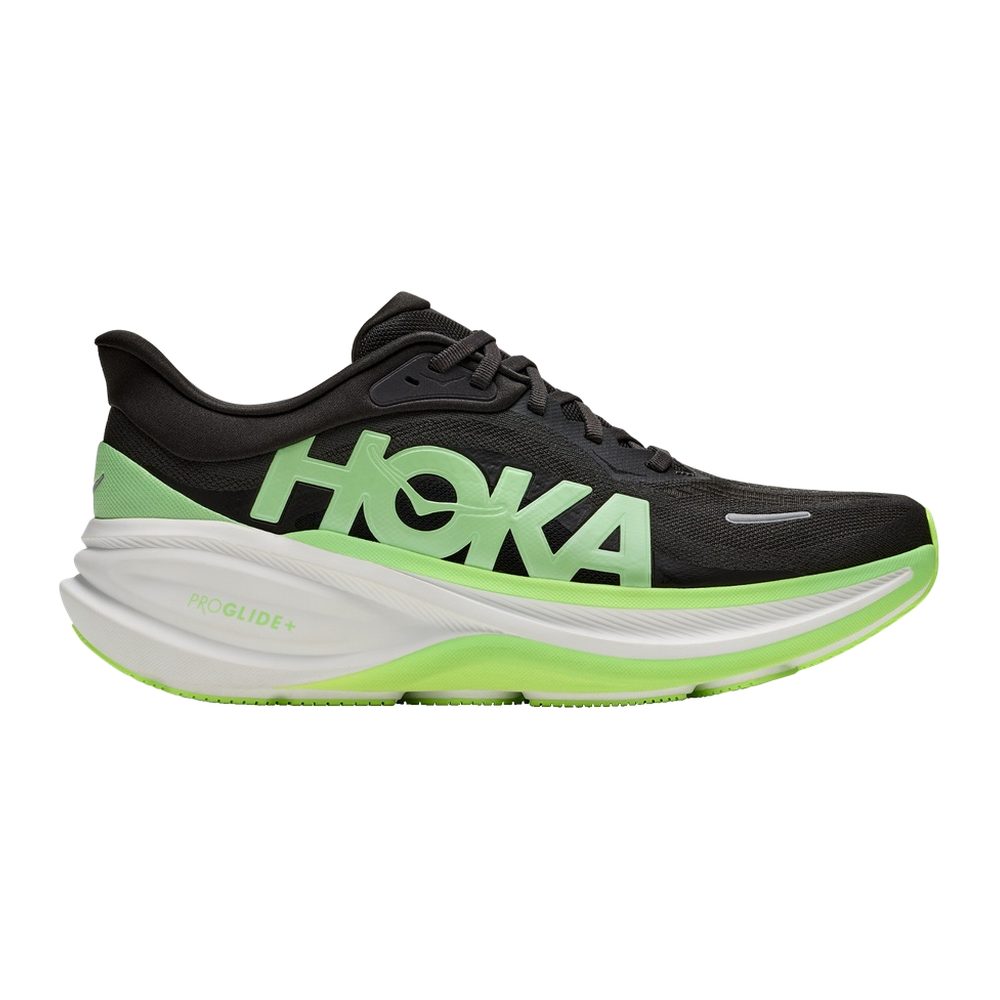 Zapatilla de running Hoka Clifton Pro negro y verde, vista lateral exterior con logo HOKA