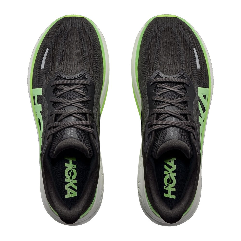 Par de zapatillas Hoka Clifton Pro negro y verde visto desde arriba, detalle del empeine y cordones