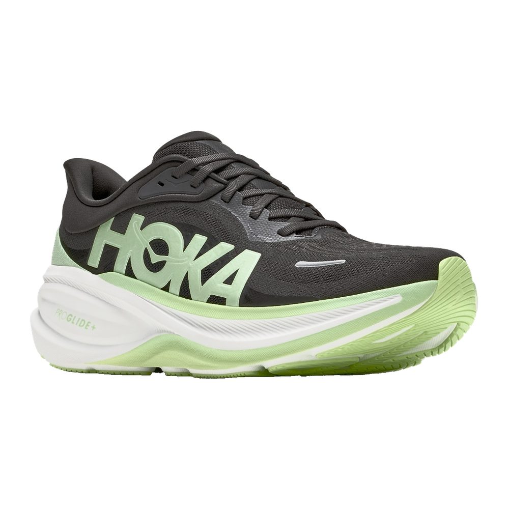 Zapatilla Hoka Clifton Pro negro y verde, vista en tres cuartos de la mediasuela ProGlide+
