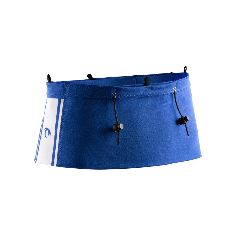 Cinturón porta objetos Lurbel Loop Three azul, vista trasera con cordones elásticos para llevar los bastones