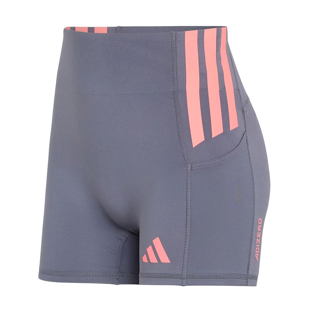 Mallas cortas Adidas Adizero 4 pulgadas de mujer gris con rayas rosas, vista frontal del producto