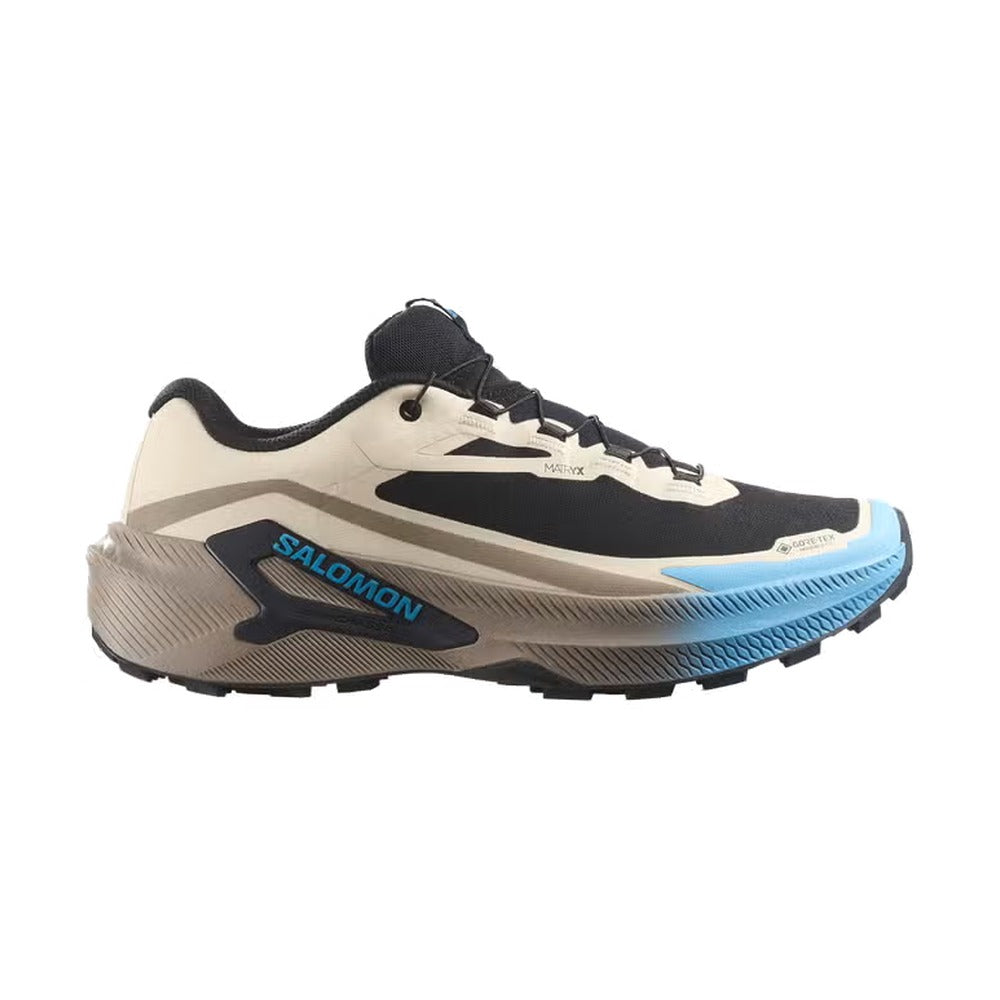 Zapatilla de trail running Salomon Genesis 2 GTX beige, negro y azul, vista lateral exterior