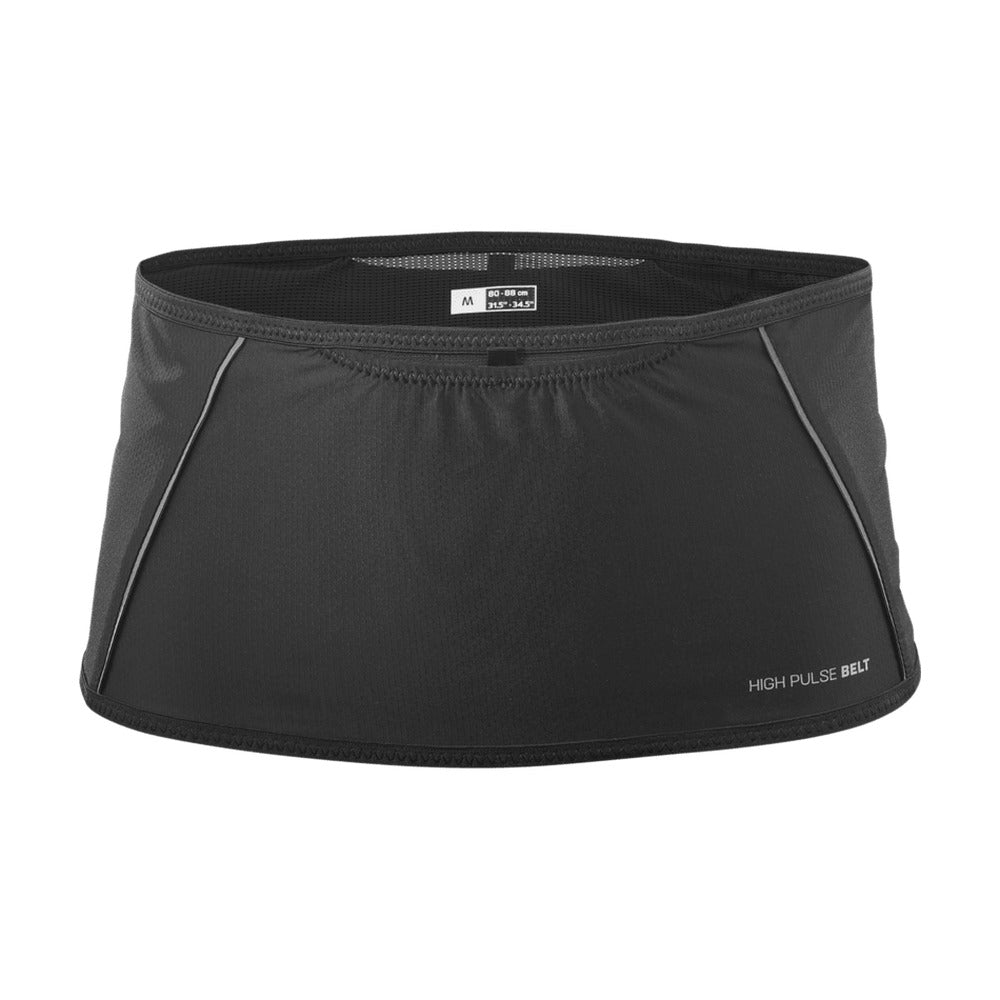 Cinturón Salomon High Pulse Belt negro, vista frontal con etiqueta de talla M y detalles reflectantes