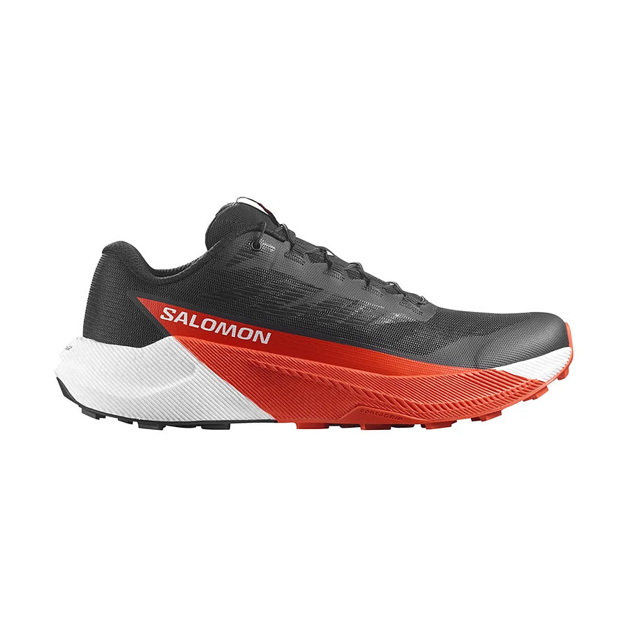 Zapatilla de trail running Salomon Pulsar negra, blanca y roja, vista lateral exterior