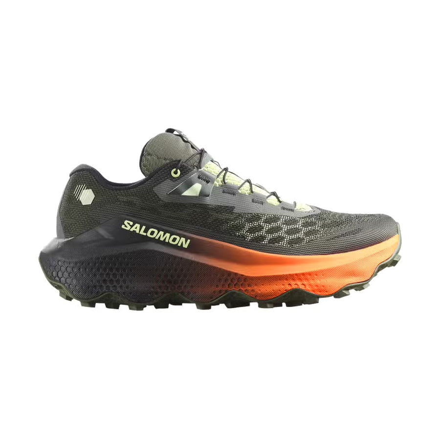 Zapatilla de trail running Salomon Ultra Glide 4 gris oscuro y naranja, vista lateral exterior