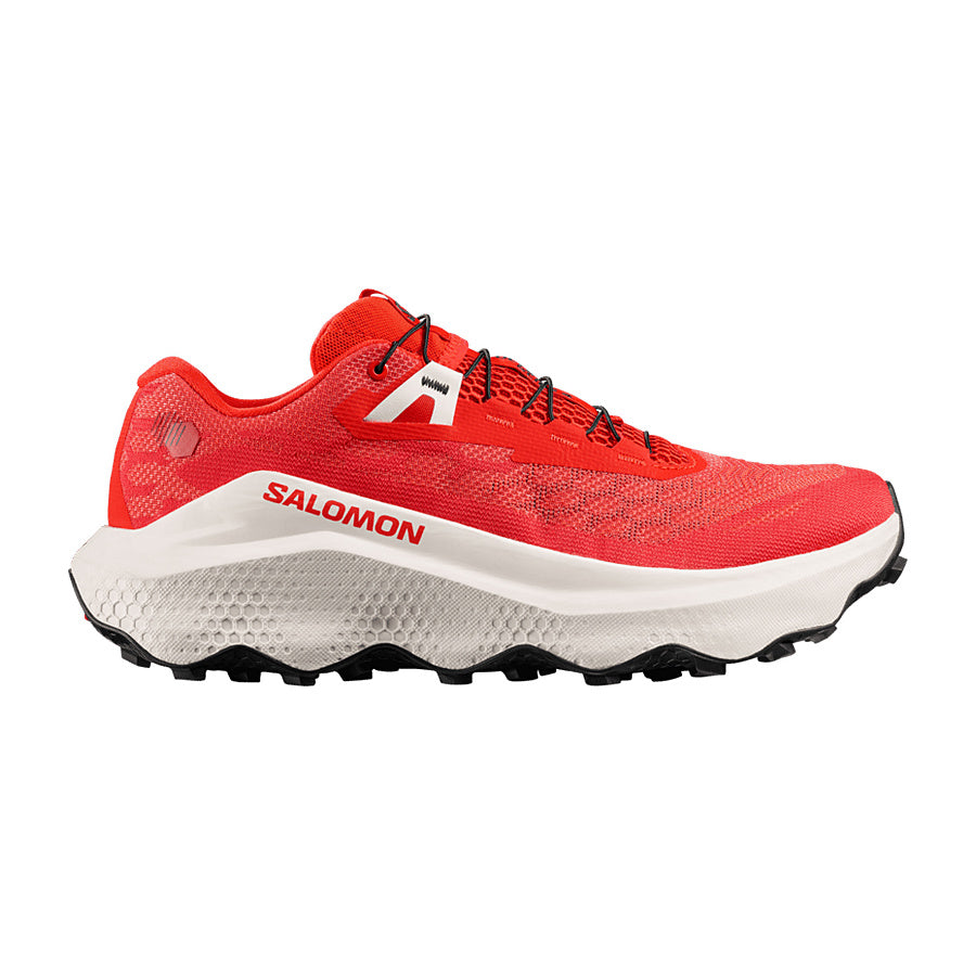 Zapatilla de trail running Salomon Ultra Glide 4 roja y blanca, vista lateral exterior