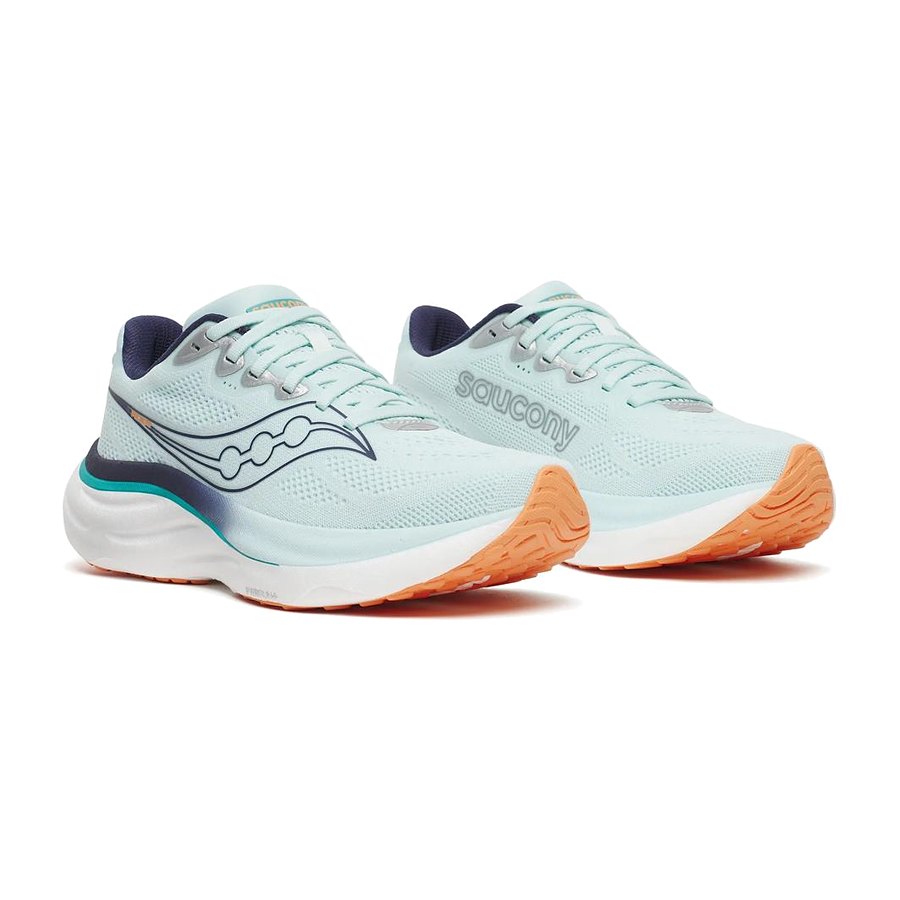 Vista tres cuartos de las zapatillas Saucony Ride 19 Mujer Blanco con espuma PWRRUN+